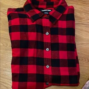 Lands' End Women's Red and Black Plaid Button Down Shirt